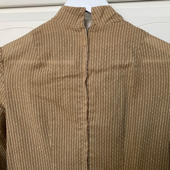 60s/70s Size S Mini Dress Neck Tie Linen Skirt Gold Beige Bodice - Picture 12 of 16